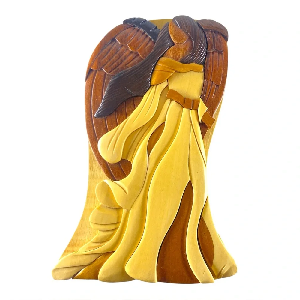 Vintage Hand Carved Wooden Christmas Angel Puzzle‎ Trinket Box Hidden Secre